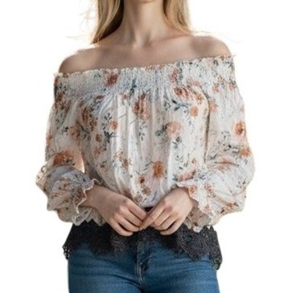 Taylor & Sage Ivory Floral Off Shoulder Top Women Large Lace Hem TW1198-83H